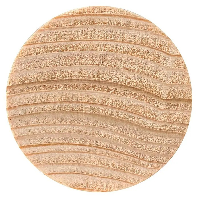 Dolle Handlauf PS 3/50Fichte Natur, Unbehandelt, Rund, Länge: 200 cm - Nahaufnahme einer runden Holzscheibe, die die Jahresringe und die natürliche Maserung des Holzes zeigt. Perfekt für Bastelarbeiten.