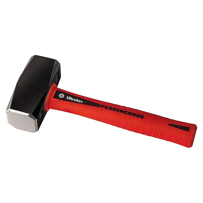 Peddinghaus Fäustel Ultratec - Gewicht Kopf: 1.250 g, Länge Stiel: 260 mm - Nahaufnahme eines Ultratec PEDDINGHAUS-Hammers mit schwarzem Kopf und rotem Griff. Das Werkzeug ist für schwere Arbeiten konzipiert.