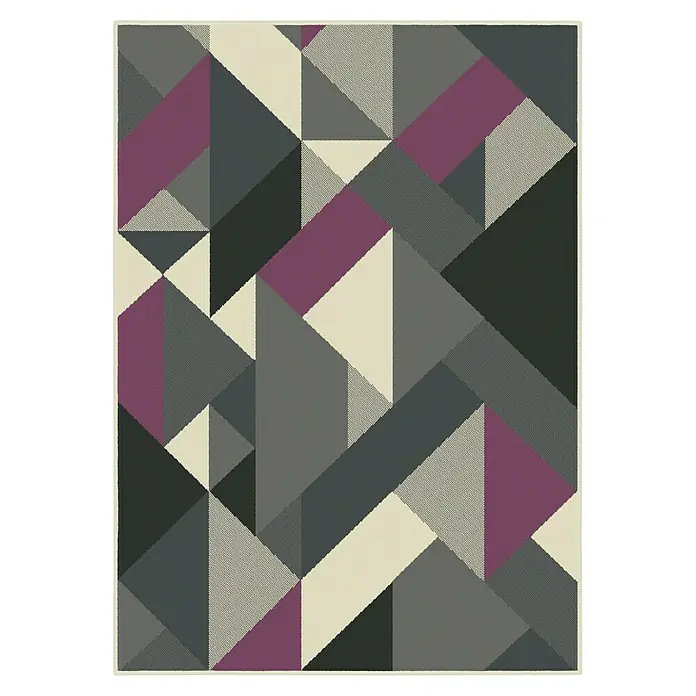 Alfombra de pelo corto Triángulos - Vino, 170 x 120 cm - Arte mural geométrico con triángulos en gris, morado y beige, una obra de arte moderna para tu hogar.