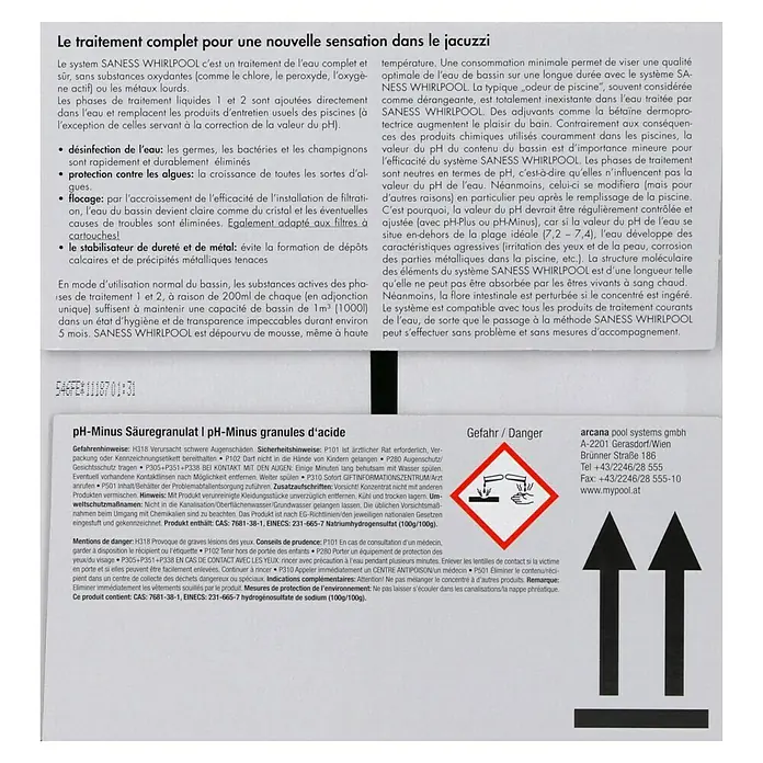Saness Starter-Set WhirlPool - 6 -tlg. - Produktinformationen für PH-Minus Säuregranulat zur Poolpflege, inklusive Gefahrenhinweise und Inhaltsstoffe.