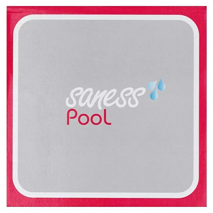 Saness Juego de temporada para piscina - 7 pzs. - Etiqueta cuadrada con borde rojo, contorno blanco, centro gris y texto 'saness Pool' con gotas de agua azules.