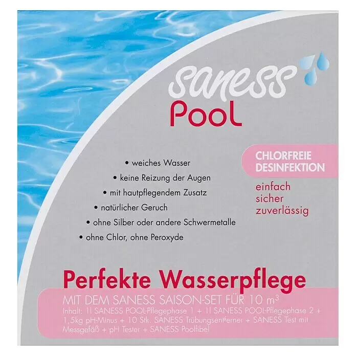 Saness Juego de temporada para piscina - 7 pzs. - Set de temporada Saness Pool para el cuidado del agua sin cloro hasta 10m³, envase gris con fondo de agua azul.