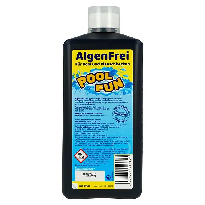 Söll AlgenFrei Algizid - 1.000 ml - Produktbild eines „Algen Frei Pool Fun“-Algizids zur Pool- und Planschbeckenpflege.