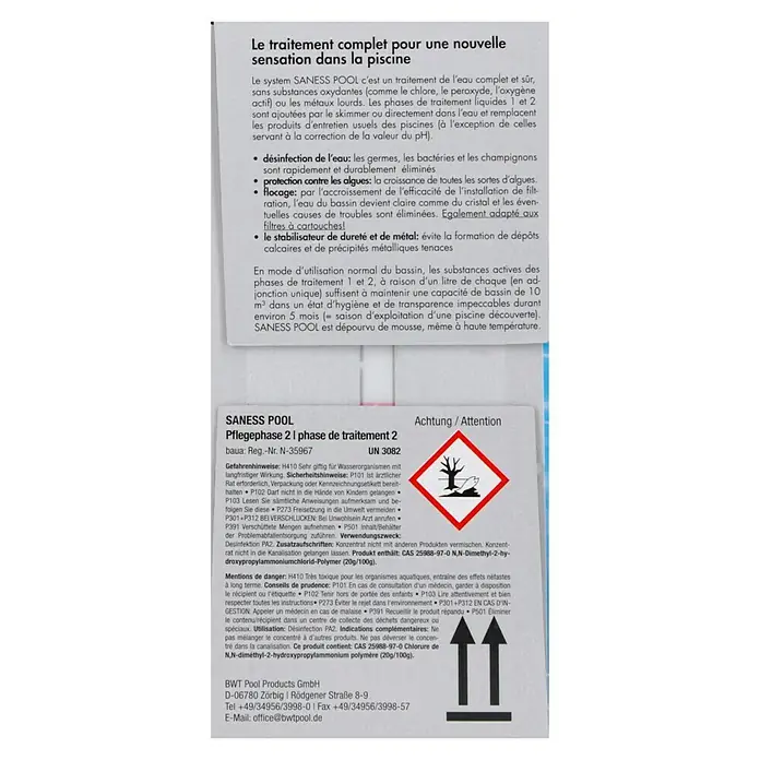 Saness Ergänzungs-Set Pool - Geeignet für: Pools - Etikett von SANESS POOL Pflegephase 2, einem Poolpflegeprodukt zur Desinfektion und Algenbekämpfung, mit Warnhinweisen.