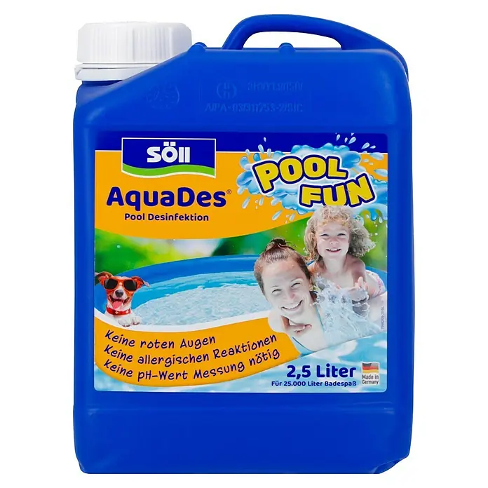 Söll AquaDes Wasserpflegemittel - 2,5 l - Bild eines blauen Kanisters mit Söll AquaDes Pool Desinfektion, 2,5 Liter für Badespaß ohne rote Augen und allergische Reaktionen.