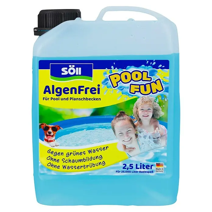 Söll AlgenFrei Algizid - 2,5 l - Das Söll AlgenFrei Pool Fun ist ein Algenbekämpfungsmittel für Pools und Planschbecken mit 2,5 Litern Inhalt, hergestellt in Deutschland.