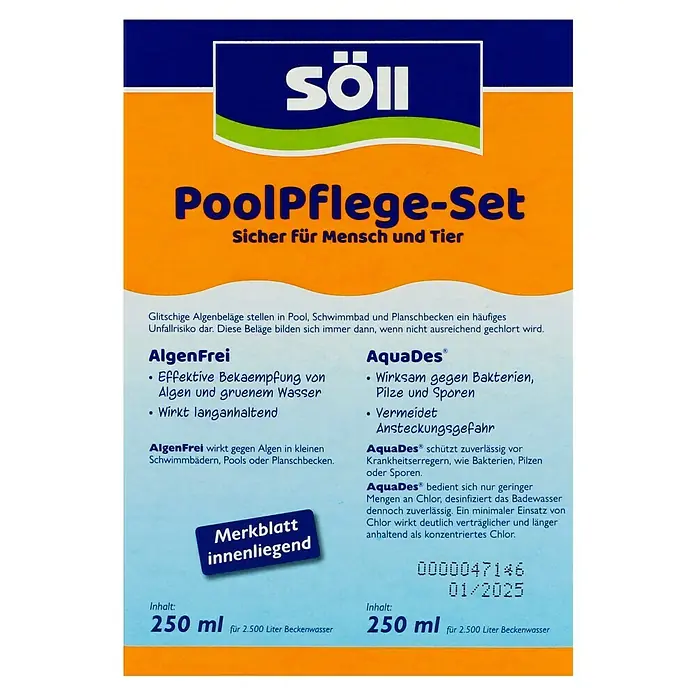 Söll Planschbeckenpflege-Set - Max. ausreichend für Flüssigkeitsmenge: 2.500 l, 2 -tlg., 250 ml - Bild eines Söll Poolpflege-Sets, das Algenentferner und Desinfektionsmittel für sauberes und sicheres Poolwasser enthält.