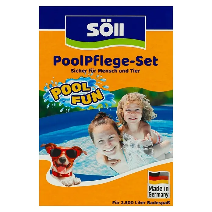 Söll Planschbeckenpflege-Set - Max. ausreichend für Flüssigkeitsmenge: 2.500 l, 2 -tlg., 250 ml - Abbildung des "Söll Poolpflege-Set" Produkts, das für sichere und saubere Poolpflege für bis zu 2.500 Liter Wasser entwickelt wurde.