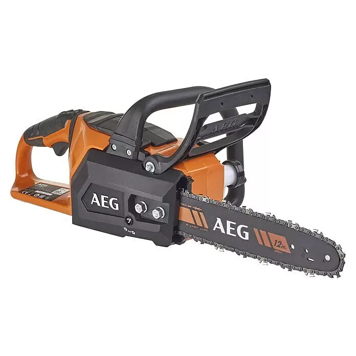 AEG Akku-Kettensäge ACS18B30 - 18 V, Li-Ionen, Ohne Akku, Schwertlänge: 30 cm - Orange-schwarze AEG Kettensäge mit 12-Zoll-Schwert.