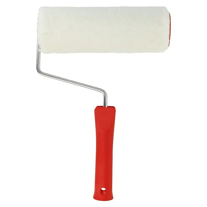 SCHÖNER WOHNEN-Farbe Kurzflorroller - Breite Walze: 18 cm - Ein cremefarbener Farbroller mit rotem Griff und Metallrahmen. Dieses Malwerkzeug ist ideal für glatte Farbaufträge.