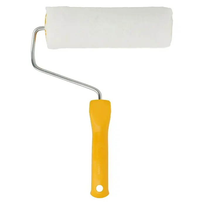 swingcolor Spezialroller für Struktur- und Raufaser Effekt - Breite: 18 cm - Nahaufnahme einer Farbwalze mit gelbem Griff und Metallbügel vor schwarzem Hintergrund. Zum präzisen Auftragen von Farbe.