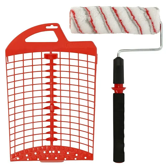 Lehnartz Farbroller Rollex Vario Plus - Breite Walze: 230 mm, Länge Teleskopstange: 400 mm - 800 mm - Roter Farbgittereimer-Einsatz mit Farbroller mit abnehmbarem Griff für eine einfache Reinigung und Lagerung.