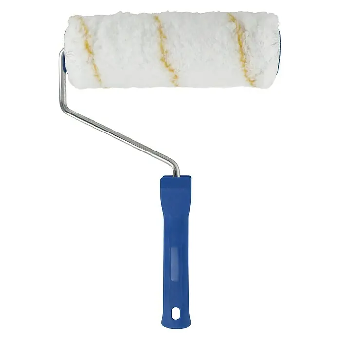 Knauf EasyPutz Auftragswalze - Geeignet für: Putz, Breite Walze: 22 cm, Bügelstärke: 8 mm - Detailaufnahme einer Farbwalze mit blauem Griff und einer weißen Rolle mit gelben Streifen, die für Malerarbeiten geeignet ist.