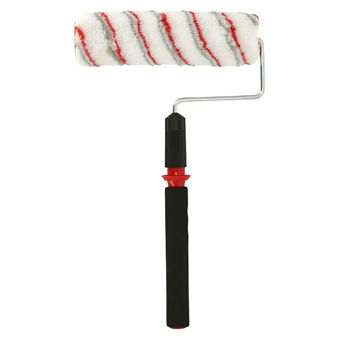 Lehnartz Farbroller Rollex Vario Plus - Breite Walze: 230 mm, Länge Teleskopstange: 400 mm - 800 mm - Farbturm: Ein Farbturm mit einem weißen, roten und grauen Rollkopf und einem schwarzen Griff für Malprojekte.