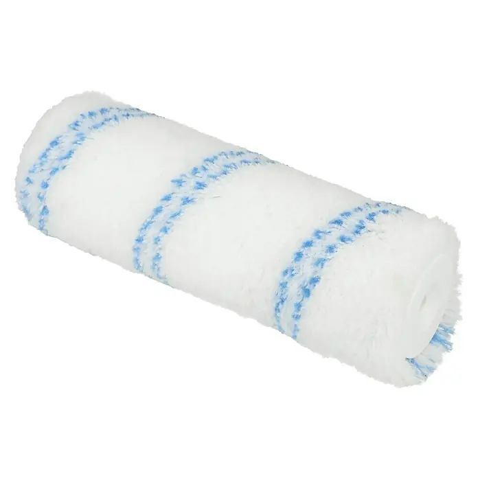 Profi Depot by Storch-Ciret Farbwalze XL LoTex - Breite Walze: 25 cm, Bügelstärke: 8 mm, Florhöhe: 18 mm - Nahaufnahme einer Farbwalze mit blau gestreiften Akzenten und weißem Flor, die für ein gleichmäßiges Auftragen von Farbe sorgt.