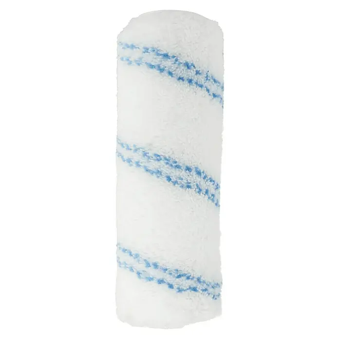 Profi Depot by Storch-Ciret Farbwalze XL LoTex - Breite Walze: 25 cm, Bügelstärke: 8 mm, Florhöhe: 18 mm - Nahaufnahme einer flauschigen Farbwalze mit blauen Streifen, die für einen gleichmäßigen Farbauftrag sorgt.\n