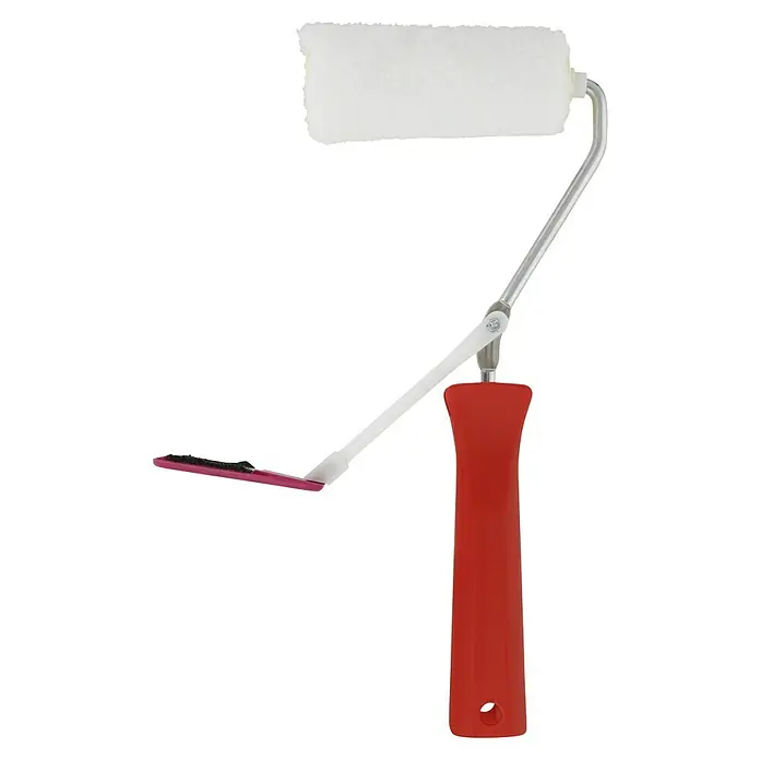 swingcolor Komfort Farbroller - Breite Walze: 10 cm, Bügelstärke: 6 mm, Florhöhe: 11 mm - Nahaufnahme einer Farbwalze mit rotem Griff und einem kleinen Pinsel für präzise Farbarbeiten. Ideal für Renovierungsprojekte.