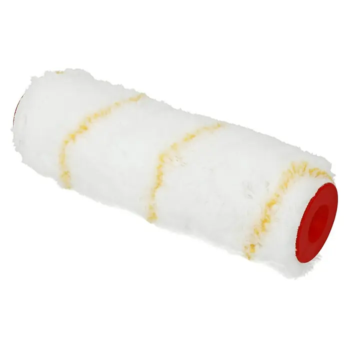 swingcolor Premium Farbwalze - Breite Walze: 25 cm, Bügelstärke: 8 mm, Florhöhe: 18 mm - Nahaufnahme einer Farbwalze mit einem weißen, flauschigen Bezug und gelben Streifen auf schwarzem Hintergrund.