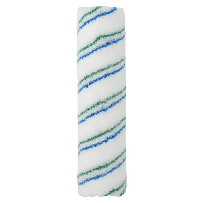 swingcolor Komfort Farbwalze - Breite Walze: 25 cm, Bügelstärke: 8 mm, Florhöhe: 9 mm - Nahaufnahme einer Farbwalze mit blau-grünen Spiralstreifen auf weißem, flauschigem Grund, ideal für gleichmäßiges Auftragen von Farbe.