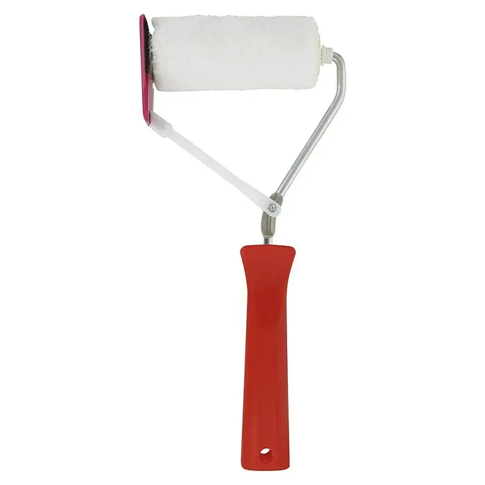 swingcolor Komfort Farbroller - Breite Walze: 10 cm, Bügelstärke: 6 mm, Florhöhe: 11 mm - Bild eines CornerBuddy-Farbtabletts mit Rollen und rotem Griff. Ein praktisches Malwerkzeug, um Ecken und Kanten einfach zu bearbeiten.