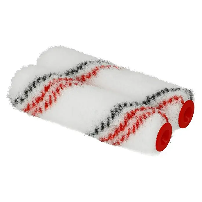 swingcolor Premium Spezialwalze - 2 Stk., Breite Walze: 10 cm, Florhöhe: 7 mm - Nahaufnahme von zwei weißen Farbroller mit roten und schwarzen Streifen und roten Endkappen.