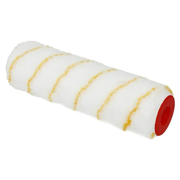 swingcolor Premium Farbwalze - Breite Walze: 25 cm, Bügelstärke: 8 mm, Florhöhe: 11 mm - Ein Detailbild einer weißen Farbwalze mit gelben Streifen und roter Endkappe, ideal zum Malen und Renovieren.