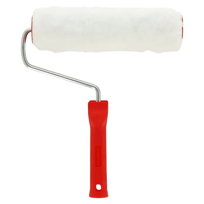 swingcolor Komfort Farbroller - Breite Walze: 25 cm, Bügelstärke: 8 mm, Bügellänge: 27 cm - Farbiges Foto eines Farbrollers mit rotem Griff und weißer Rolle, ideal für Renovierungsarbeiten und Malerprojekte im Innenbereich.