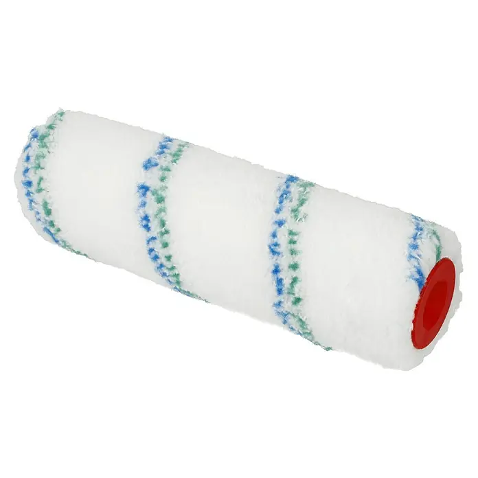 swingcolor Komfort Farbwalze - Breite Walze: 25 cm, Bügelstärke: 8 mm - Nahaufnahme einer Farbwalze mit weißem Bezug und blauen sowie grünen Streifen. Ideal für gleichmäßiges Auftragen von Farbe.