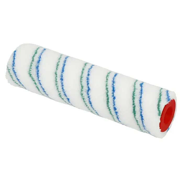 swingcolor Komfort Farbwalze - Breite Walze: 25 cm, Bügelstärke: 8 mm, Florhöhe: 9 mm - Nahaufnahme einer Farbwalze mit weißen, blauen und grünen Streifen und rotem Ende vor einem schwarzen Hintergrund.