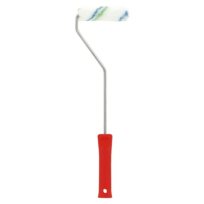swingcolor Komfort Farbroller - Breite Walze: 10 cm, Bügelstärke: 6 mm, Bügellänge: 27 cm - Hier ist ein Bild eines Farbrollers mit einem weißen Roller und einem roten Griff. Perfekt für Wandfarben und andere Farbarbeiten.