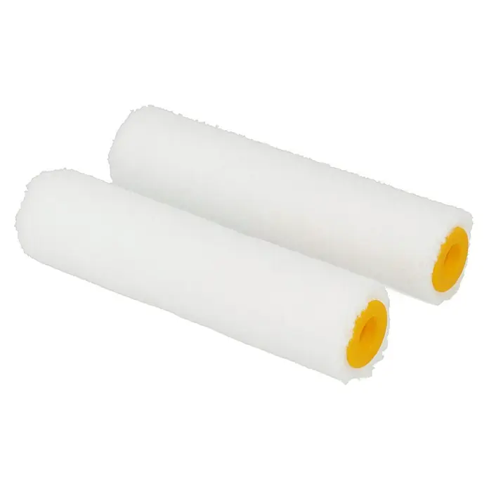 swingcolor Premium Lackwalze - 2 Stk., Breite Walze: 10 cm, Bügelstärke: 6 mm - Nahaufnahme von zwei weißen Farbwalzen mit gelben Enden, ideal für präzise Farbaufträge auf verschiedenen Oberflächen.