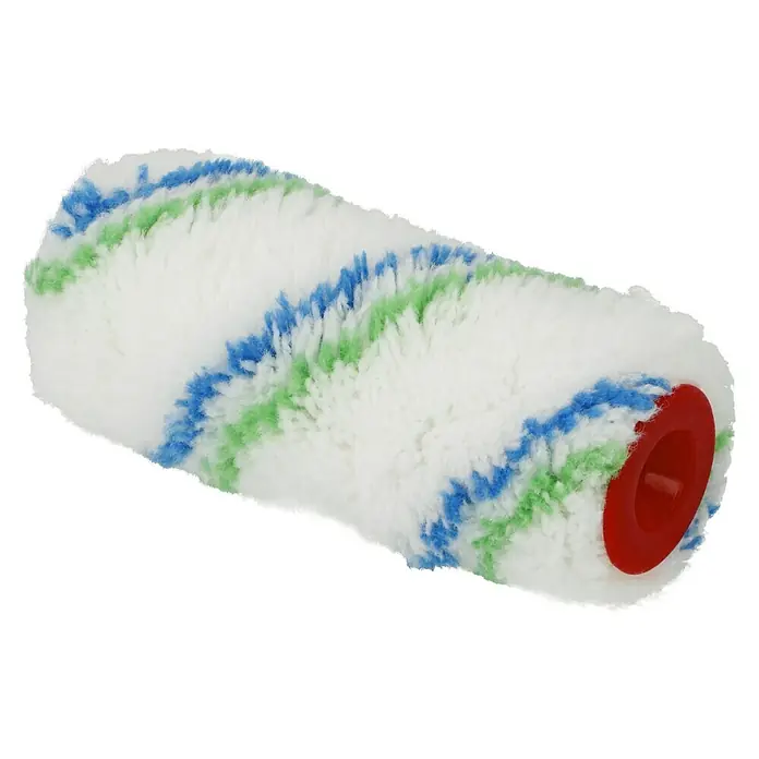 swingcolor Komfort Farbwalze - 1 Stk., Breite Walze: 12 cm, Bügelstärke: 6 mm - Detailaufnahme einer Farbwalze mit weißem Fell und blauen und grünen Streifen, ideal für gleichmäßiges Auftragen von Farbe.