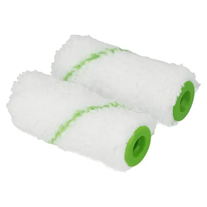 swingcolor Premium Lasurwalze - 2 Stk., Breite Walze: 5 cm, Bügelstärke: 6 mm, Florhöhe: 5 mm - Zwei weiße Farbwalzen mit einem grünen Streifen in der Mitte und grünen Enden, die zum Malen und Renovieren von Oberflächen geeignet sind.