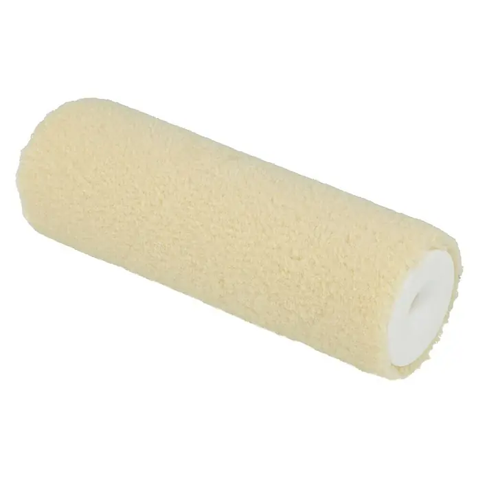 Profi Depot by Storch-Ciret Lackwalze K30 - Breite Walze: 12 cm, Bügelstärke: 6 mm, Sand - Nahaufnahme einer cremefarbenen Farbwalze mit einem weißen Kunststoffende, ideal für Malerarbeiten.