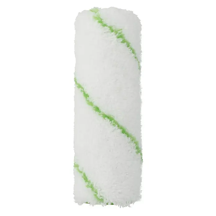 swingcolor Premium Lasurwalze XL - Breite Walze: 12 cm, Bügelstärke: 6 mm, Florhöhe: 5 mm - Nahaufnahme einer Farbwalze mit weißen Fasern und einem grünen Streifen. Ideal zum gleichmäßigen Auftragen von Farbe auf Oberflächen.