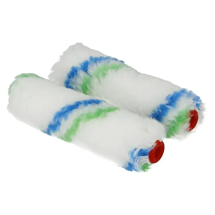 swingcolor Komfort Farbwalze - 2 Stk., Breite Walze: 10 cm, Bügelstärke: 6 mm - Nahaufnahme von zwei Mini-Farbwalzen mit blau-grünen Streifen und roten Enden.