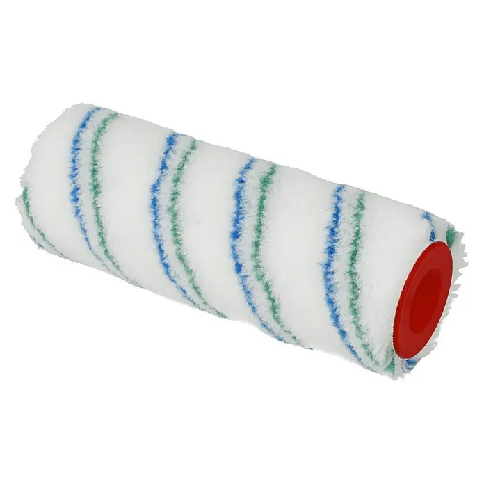 swingcolor Komfort Farbwalze - Breite Walze: 18 cm, Bügelstärke: 8 mm, Florhöhe: 9 mm - Nahaufnahme einer Farbwalze mit blau-grünen Streifen und roter Kunststoffhalterung.