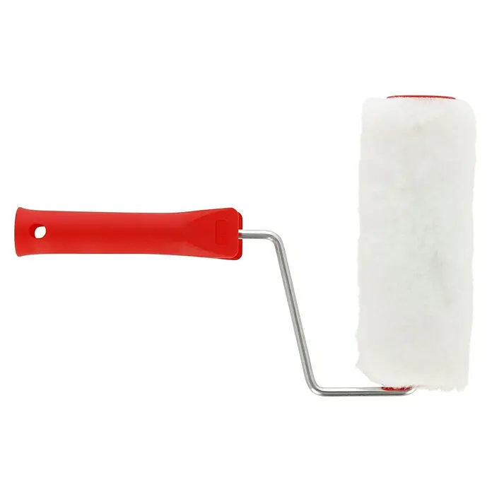 swingcolor Farbroller-Set Basic - 2 -tlg., Breite Walze: 18 cm, Bügelstärke: 6 mm - Nahaufnahme eines Farbrollers mit rotem Griff und weißem Bezug, ein unverzichtbares Werkzeug für Malerarbeiten.