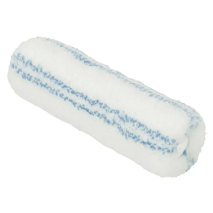 Profi Depot by Storch-Ciret Farbwalze K44 LoTex - Breite Walze: 25 cm, Bügelstärke: 8 mm, Florhöhe: 18 mm - Nahaufnahme einer weißen Farbwalze mit blauen Streifen, ein Werkzeug für gleichmäßiges Auftragen von Farbe auf Oberflächen.