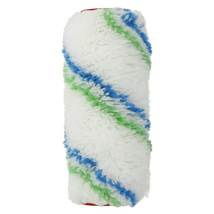 swingcolor Komfort Farbwalze - 1 Stk., Breite Walze: 12 cm, Bügelstärke: 6 mm - Nahaufnahme einer weißen Farbwalze mit grünen und blauen Streifen. Ideal zum präzisen Auftragen von Farbe auf verschiedenen Oberflächen.
