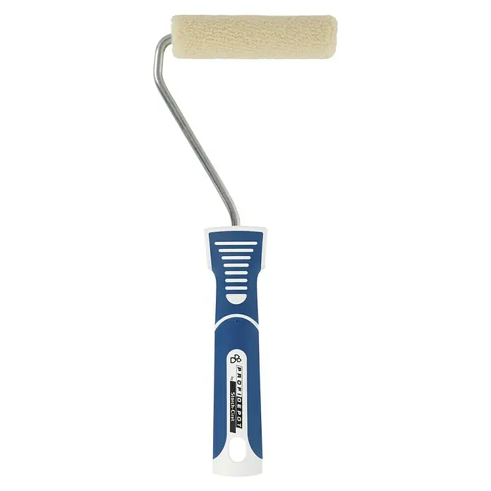 Profi Depot by Storch-Ciret Lackierroller K17 - Breite Walze: 10 cm, Bügelstärke: 6 mm, Bügellänge: 27 cm - Nahaufnahme einer Farbwalze von Profi Depot mit blau-weißem Griff und cremefarbenem Roller für gleichmäßiges Auftragen.