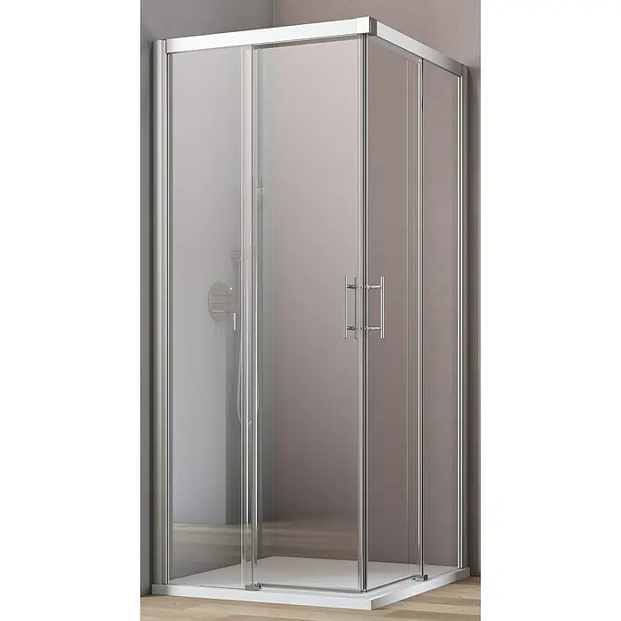 GEO Hit Eckdusche B-ES60 - 80 x 100 x 200 cm, Beschichtet, Platin-Silber, Glasstärke: 6 mm, DIN Anschlag: Links/Rechts - Modernes Duschkabinen-Design mit klaren Glaswänden und verchromten Beschlägen. Die Duschkabine bietet ein elegantes und minimalistisches Erscheinungsbild.