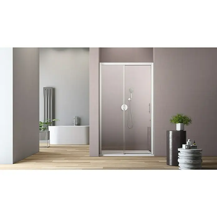 GEO Hit Nischendusche B-NS6090 x 200 cm, Links, Beschichtet, Stärke: 6 mm, Platin-Silber - Elegante Badezimmeransicht mit einer modernen Duschkabine mit Schiebetür, ergänzt durch stilvolle Deko-Elemente und sanfte Farbtöne.
