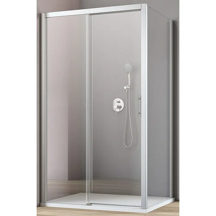 GEO Hit Eckdusche B-FS60 - L x B x H: 100 x 90 x 200 cm, Beschichtet, Platin-Silber, Glasstärke: 6 mm, DIN Anschlag: Rechts - Eine moderne Duschkabine mit Schiebetür und silbernen Rahmen, ideal für ein stilvolles Badezimmer.