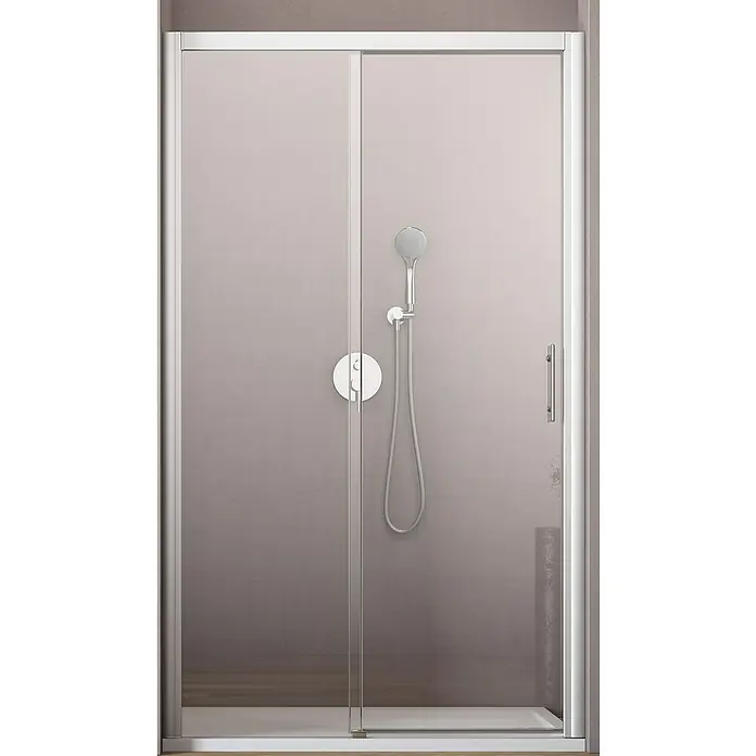 GEO Hit Nischendusche B-NS60 - 140 x 200 cm, Beschichtet, Platin-Silber, 6 mm, DIN Anschlag: Rechts - Bild einer modernen Duschkabine mit Schiebetüren, Armaturen und Brausegarnitur in einem Badezimmer.