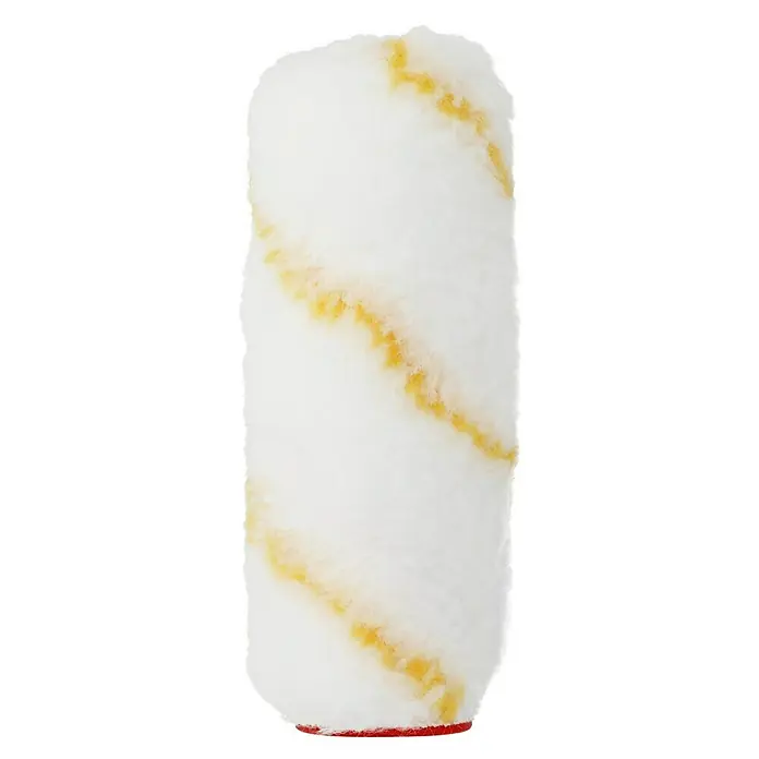 swingcolor Premium Farbwalze XL - Breite Walze: 12 cm, Bügelstärke: 6 mm, Florhöhe: 11 mm - Nahaufnahme einer Farbwalze mit weißen Fasern und gelben Streifen, die ein gleichmäßiges Auftragen der Farbe auf Oberflächen ermöglicht.