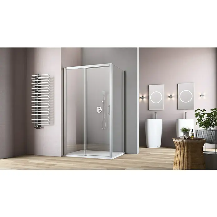 GEO Hit Eckdusche B-FS60 - L x B x H: 100 x 90 x 200 cm, Beschichtet, Platin-Silber, Glasstärke: 6 mm, DIN Anschlag: Rechts - Ein elegantes Badezimmer mit einer modernen Duschkabine, einem Handtuchwärmer und stilvollen Waschbecken mit Spiegeln.