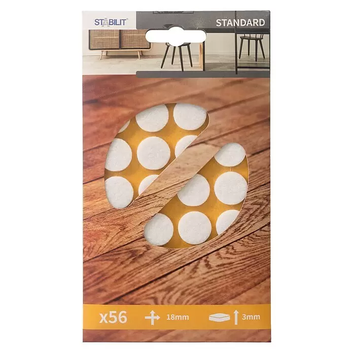 Stabilit Filzgleiter - Durchmesser: 18 mm, Weiß, Kleben, 56 Stk. - Packung mit 56 weißen runden Filzgleitern, 18mm Durchmesser, 3mm dick, für Möbel.
