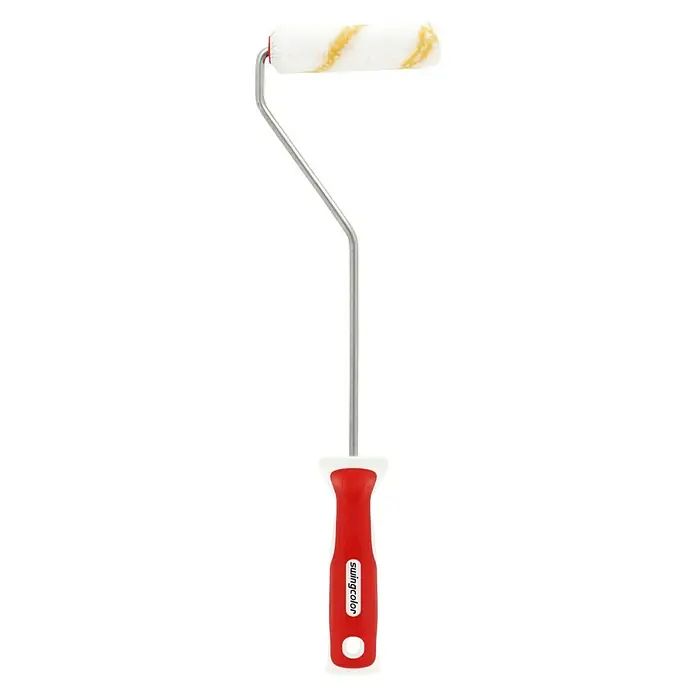swingcolor Premium Farbroller 2K - Breite Walze: 10 cm, Bügelstärke: 6 mm, Bügellänge: 27 cm - Nahaufnahme einer Farbwalze mit rot-weißem Griff, ideal zum Auftragen von Farbe auf Oberflächen.