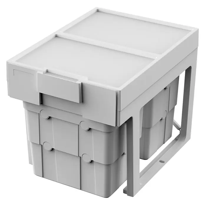 essensa Einbaumülleimer Easywaste - 32 l, Kunststoff, Grau, 2 x 16 l Fassungsvermögen - Ein graues Aufbewahrungssystem mit Schubladen und einem Rahmen für eine ordentliche Aufbewahrung verschiedener Gegenstände.